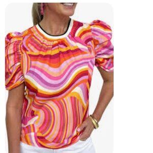 THML Multicolor Swirly Short Puff Sleeve Crew Neck Blouse Size Small